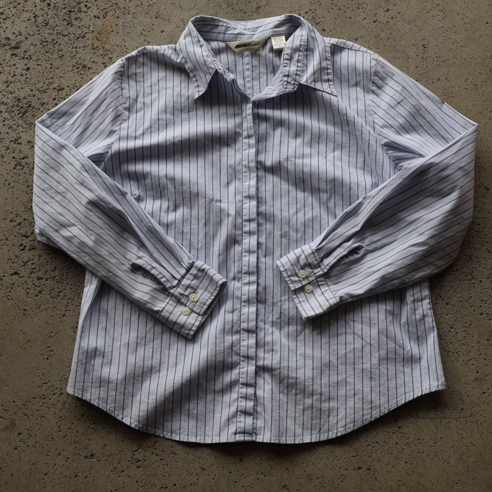 Y2K Eddie Bauer Stretch Pinstripe Button Up Shirt Hidden Placket Women's Size XL